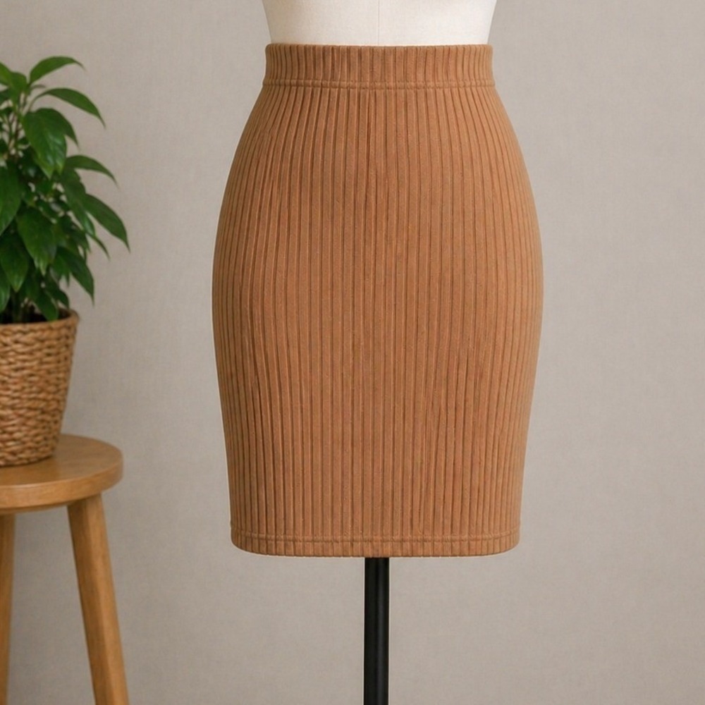 Plus Size 1XL Ribbed Bodycon Midi Skirt‎ High Waist Pull On Brown